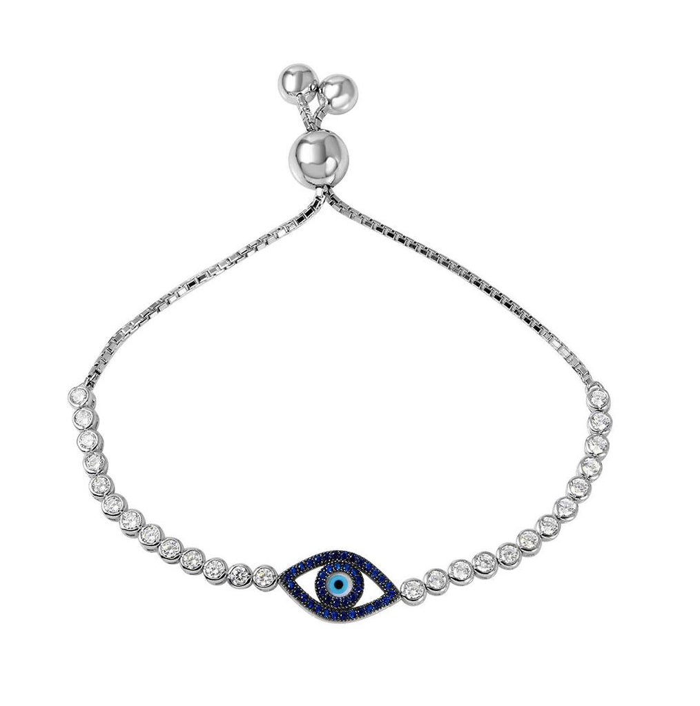 .925 Sterling Silver Rhodium Plated Blue Cz Evil Eye Bracelet