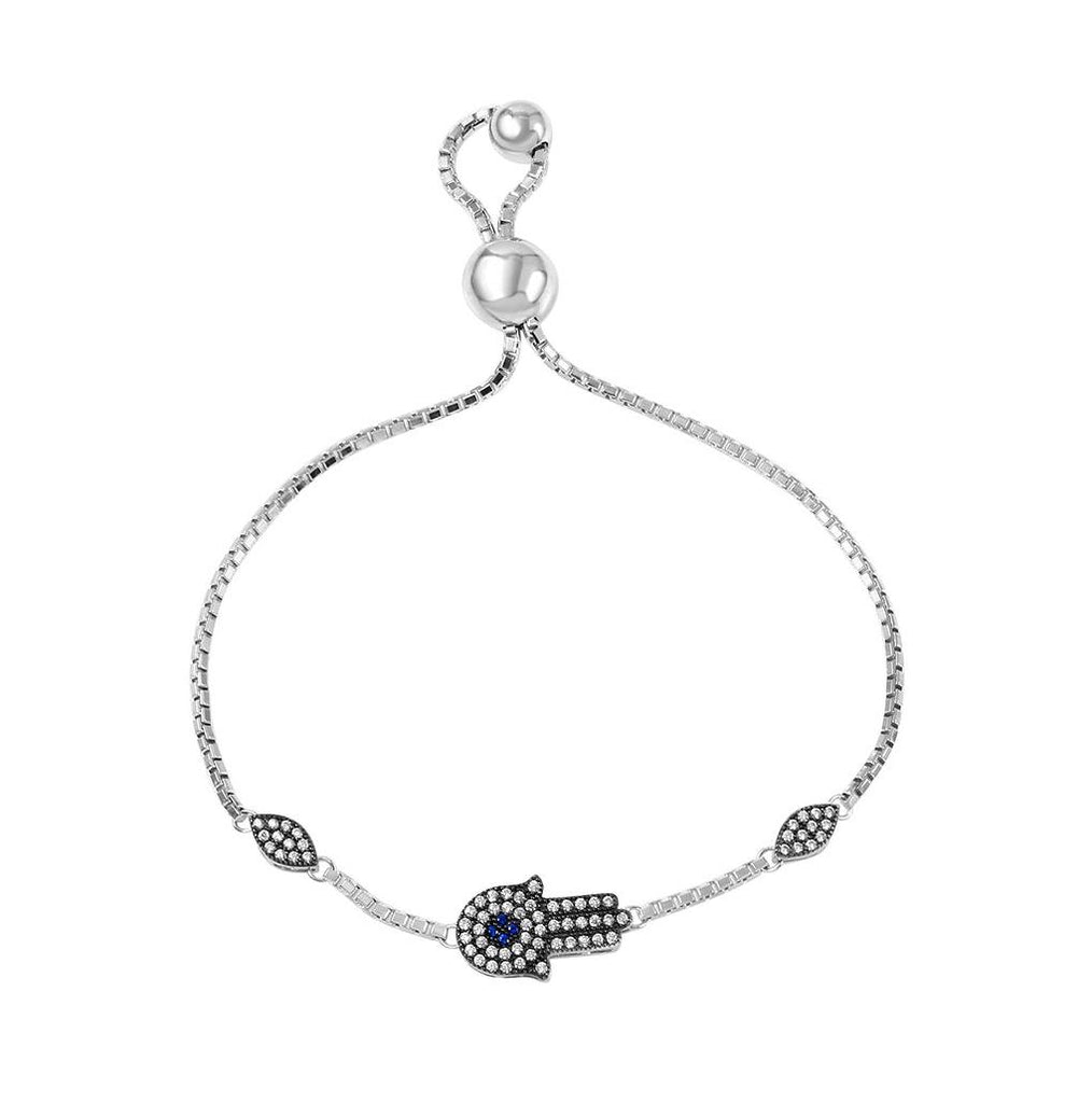 .925 Sterling Silver Rhodium Plated Cz Hamsa Hand Lariat Bracelet