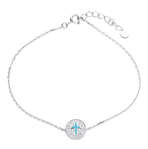 .925 Sterling Silver Rhodium Plated Bracelet With Cz Encrusted Cross Disc