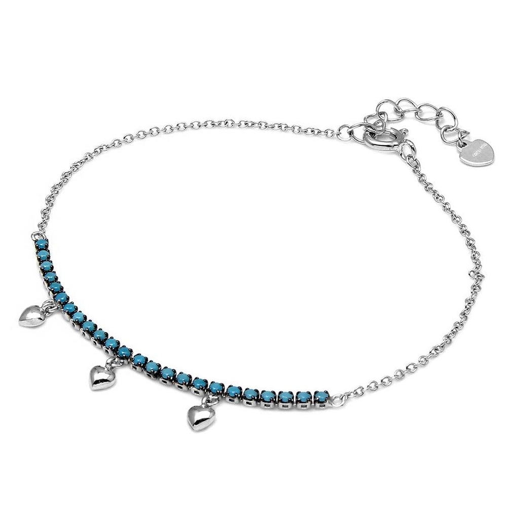 .925 Sterling Silver Rhodium Plated Turquoise Stones With Hanging Hearts Bracelet