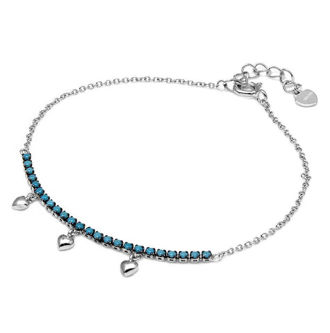 .925 Sterling Silver Rhodium Plated Turquoise Stones With Hanging Hearts Bracelet