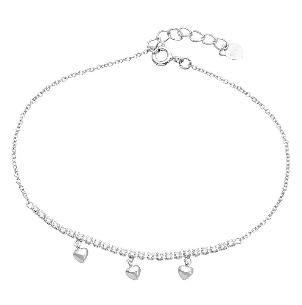 .925 Sterling Silver Rhodium Plated Cz Bar With Hanging Hearts