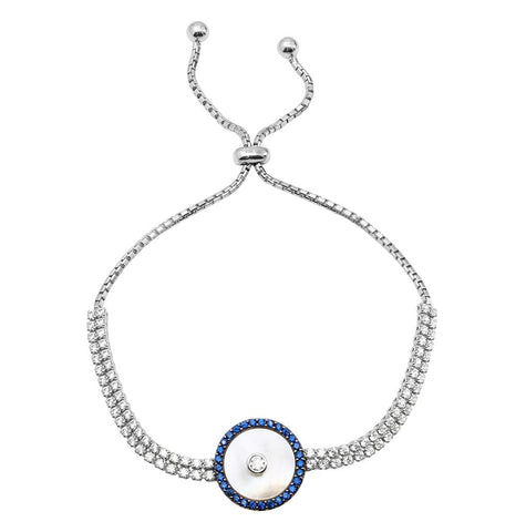 .925 Sterling Silver Rhodium Plated Mop Evil Eye Cz Lariat Bracelet