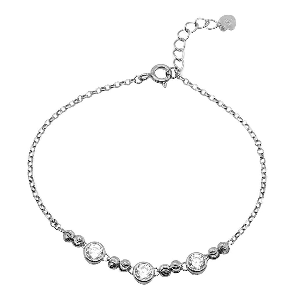 .925 Sterling Silver Rhodium Plated Beaded 3 Stones Link Bracelet