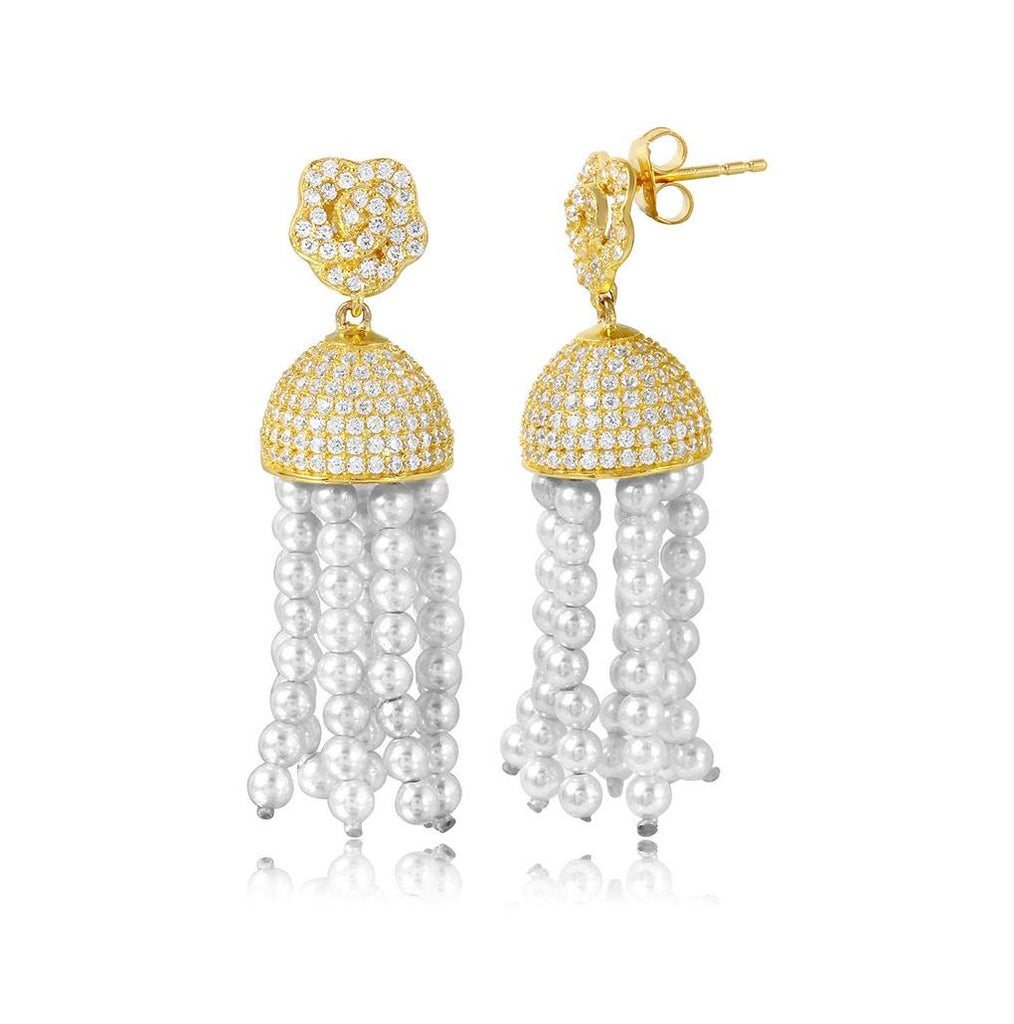 .925 Sterling Silver Gold Plated Flower With Hanging Cz Dome And Sythetic Pearl Strands Earrings