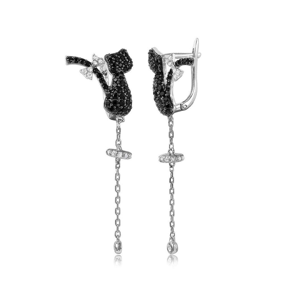 .925 Sterling Silver Rhodium Plated Black Cz Cat With Hanging Tale Leverback Earrings