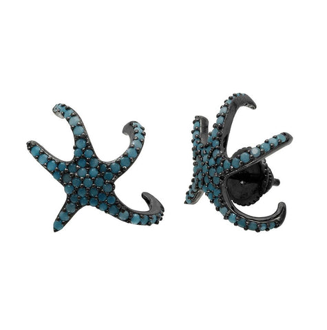 .925 Sterling Silver Black Rhodium Plated Hugging Cz Starfish With Turquoise Stones Earrings