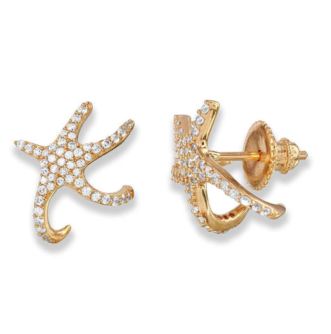 .925 Sterling Silver Gold Plated Hugging Cz Starfish Earrings