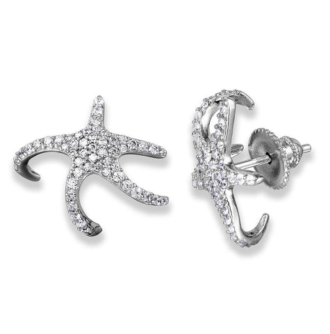 .925 Sterling Silver Rhodium Plated Hugging Cz Starfish Earrings