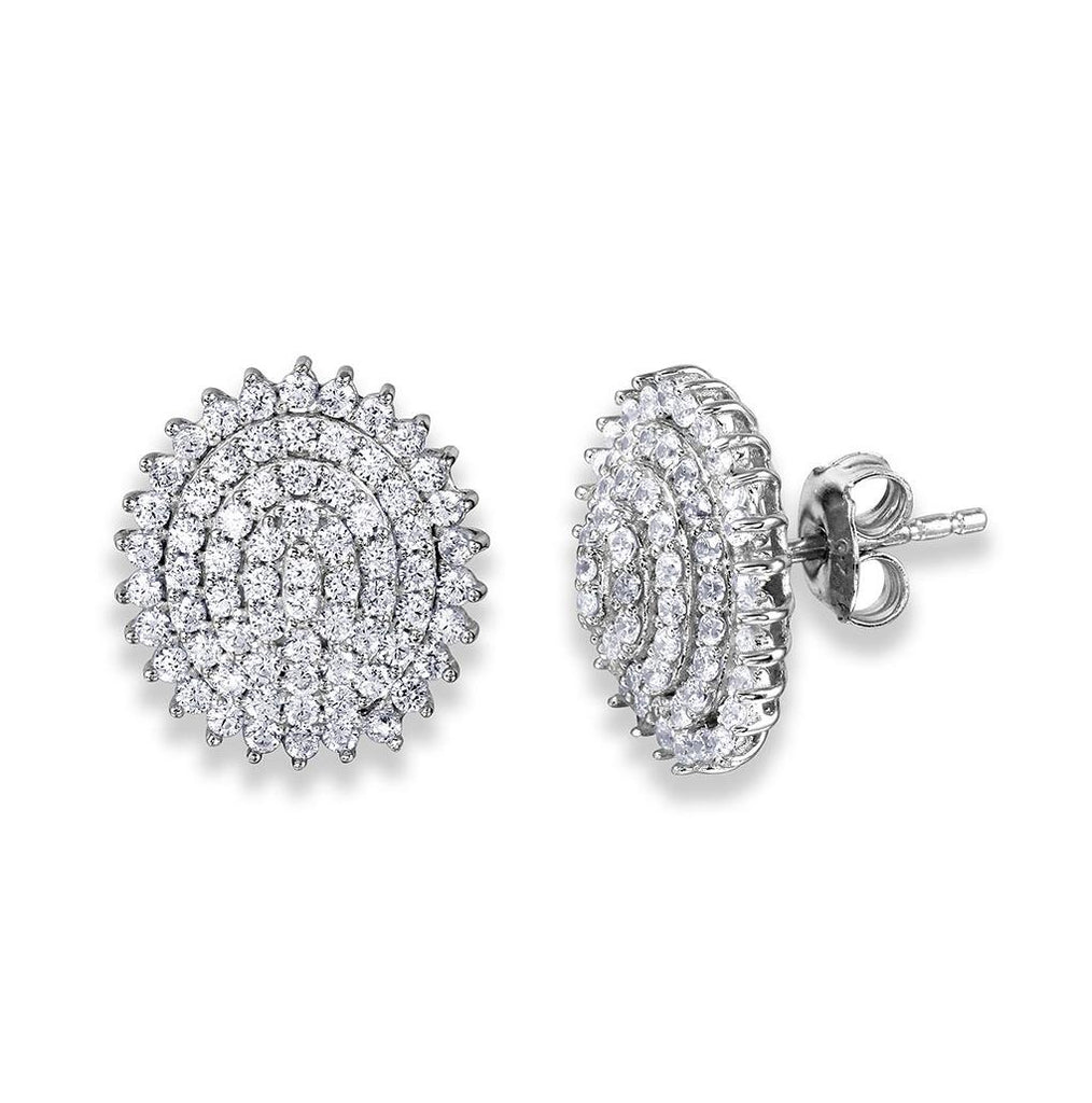 .925 Sterling Silver Rhodium Plated Round Cz Encrusted Layer Round Earring