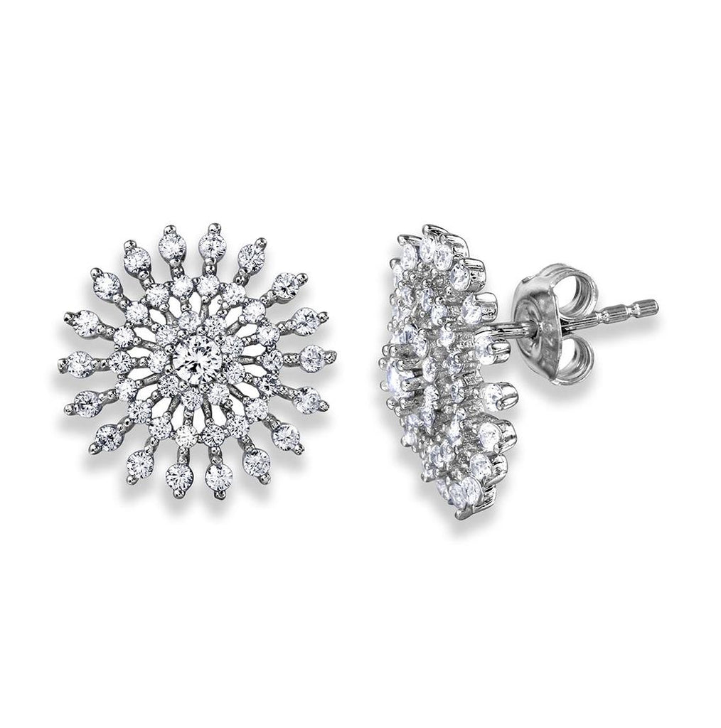 .925 Sterling Silver Rhodium Plated Cz Encrusted Sun Earrings