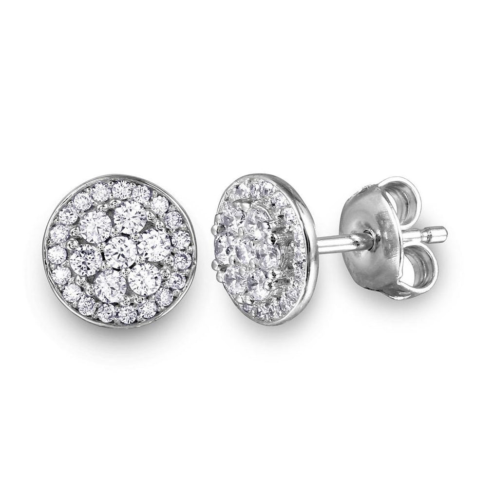 .925 Sterling Silver Rhodium Plated Cz Encrusted Double Layer Disc Studs