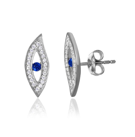 .925 Sterling Silver Rhodium Plated Evil Eye Cz Earring With Blue Center Stone