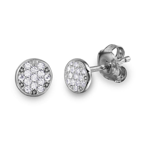 .925 Sterling Silver Rhodium Plated Cz Encrusted Disc Stud Earrings