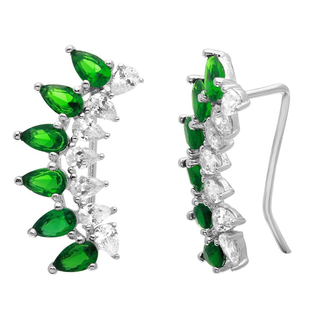 .925 Sterling Silver Rhodium Plated Pear Shape Clear And  Cz Green Climbing Earrings