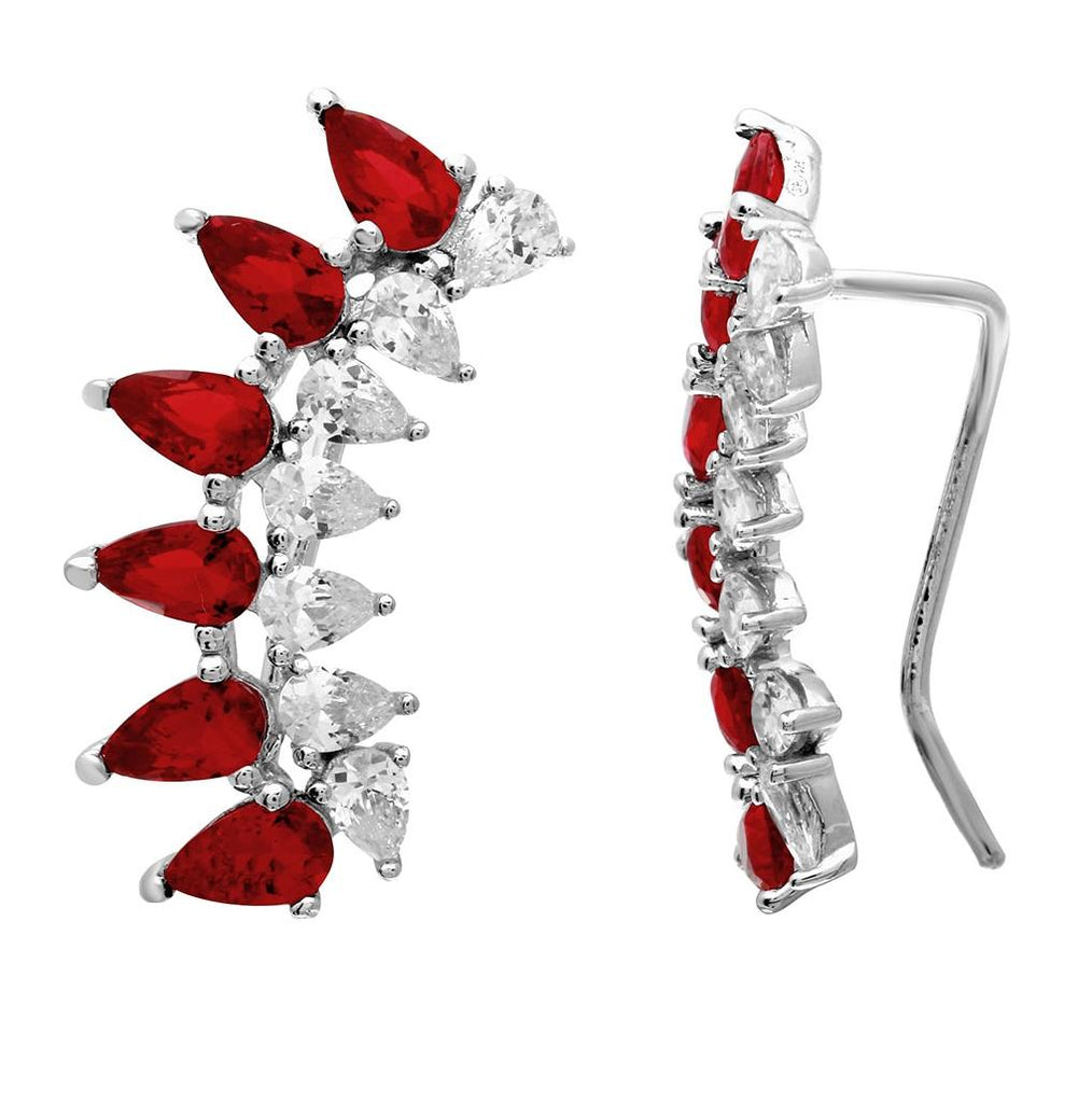 .925 Sterling Silver Rhodium Plated Pear Shape Clear And Red Cz Climbing Earrings