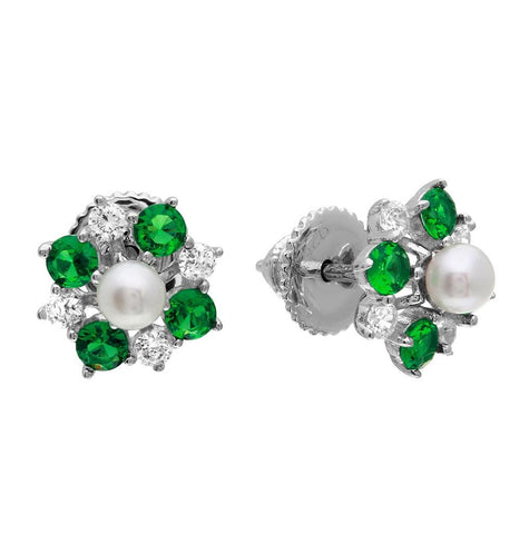 .925 Sterling Silver Rhodium Plated Green Cz Flower Earrings With Center Fresh Water Pearl