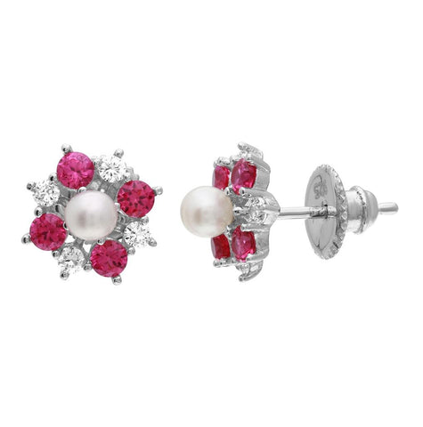 .925 Sterling Silver Rhodium Plated Red Cz Flower Earrings With Center Fresh Water Pearl