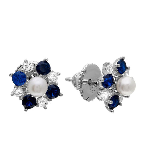 .925 Sterling Silver Rhodium Plated Blue Cz Flower Earrings With Center Fresh Water Pearl