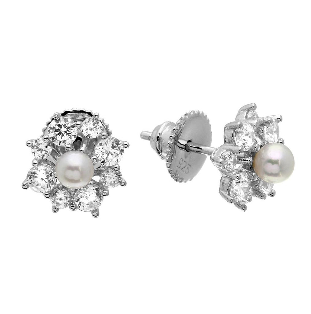 .925 Sterling Silver Rhodium Plated Clear Cz Flower Earrings With Center Fresh Water Pearl