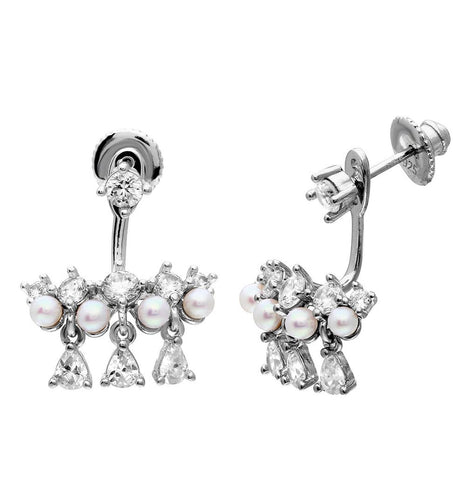 .925 Sterling Silver Rhodium Plated Chandelier Cz And Fresh Water Pearl Earrings