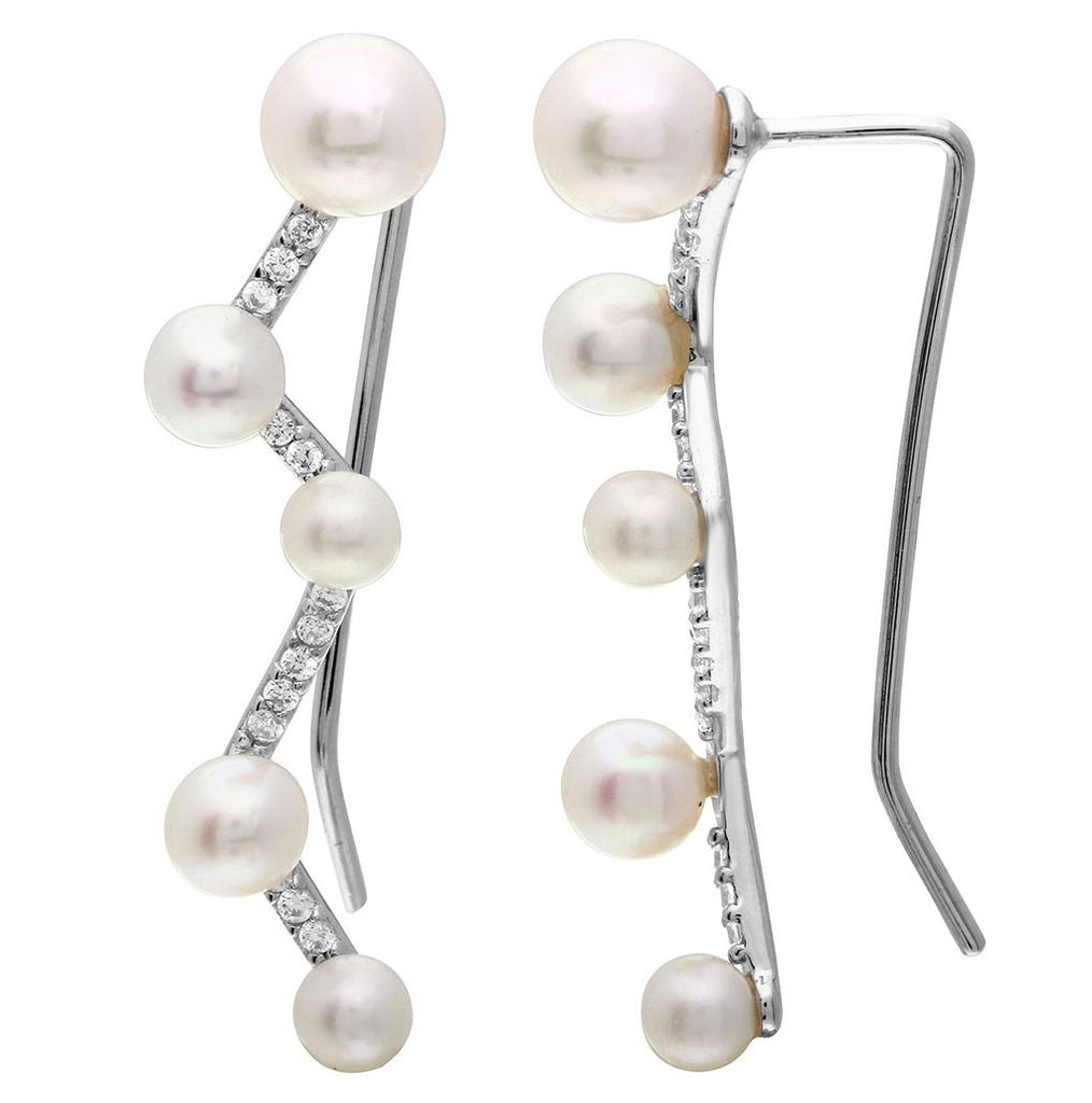 .925 Sterling Silver Rhodium Plated Cz And Fresh Water Pearl Climbing Earrings