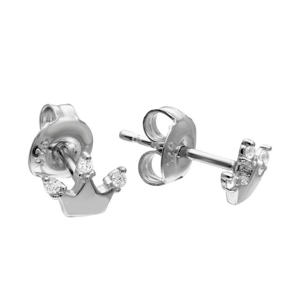 .925 Sterling Silver Rhodium Plated Crown Cz Stud Earrings