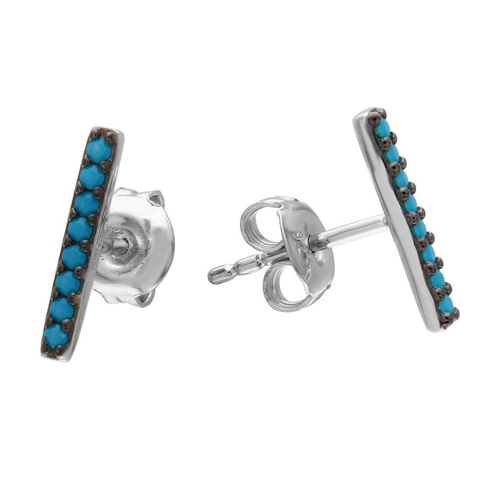 .925 Sterling Silver Black Rhodium Plated Bar Earrings With Synthetic Turquoise Stones