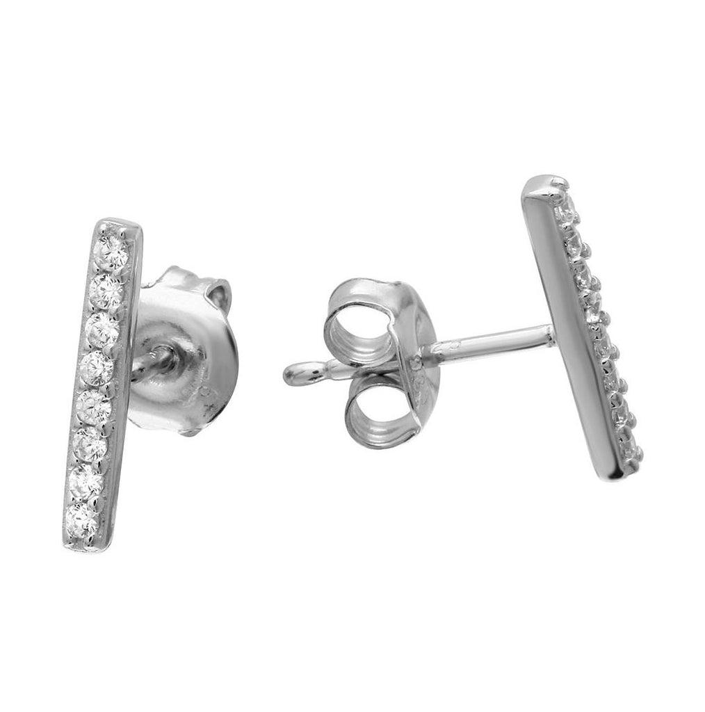 .925 Sterling Silver Rhodium Plated Cz Bar Earrings