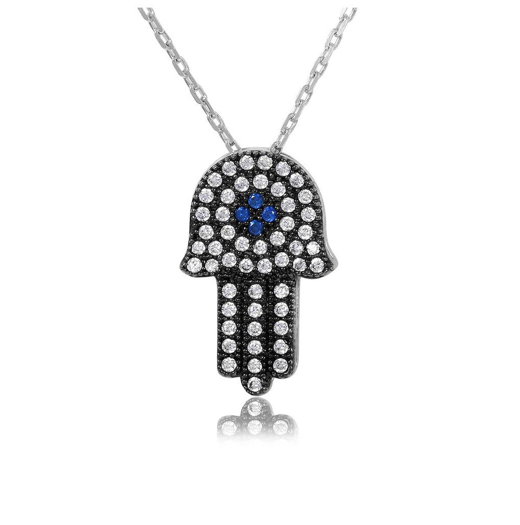 .925 Sterling Silver Rhodium Plated Cz Hamsa Necklace