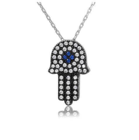 .925 Sterling Silver Rhodium Plated Cz Hamsa Necklace