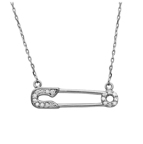 .925 Sterling Silver Rhodium Plated Cz Safety Pin Necklace