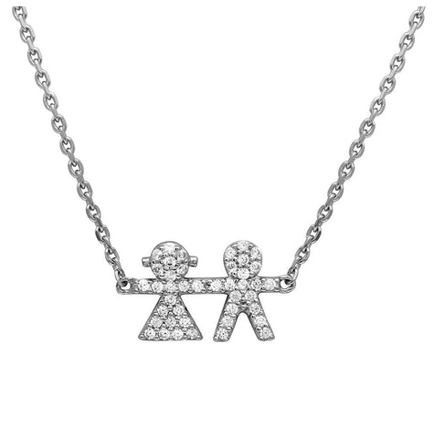 .925 Sterling Silver Rhodium Plated Cz Encrusted Boy And Girl Necklace