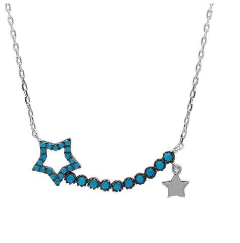 .925 Sterling Silver Rhodium Plated Turquoise Open Star Necklace