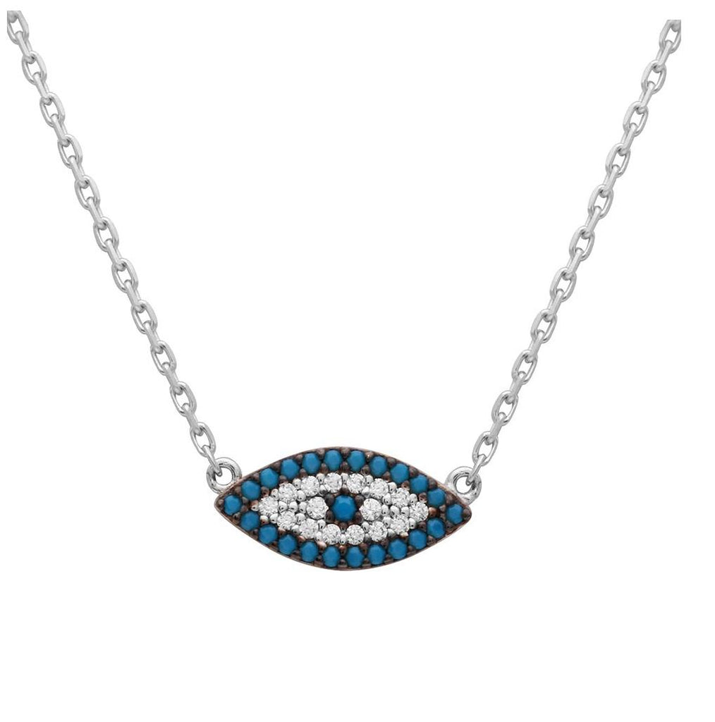 .925 Sterling Silver Rhodium Plated Turquoise And Cz Evil Eye Necklace