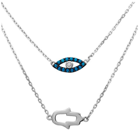 .925 Sterling Silver Rhodium Plated Hamsa Hand And Evil Eye Necklace