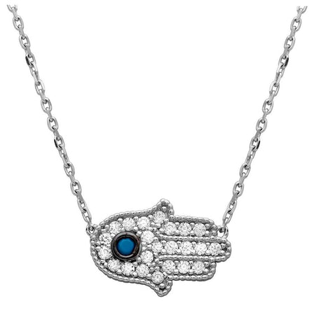 .925 Sterling Silver Rhodium Plated Cz Encrusted Hamsa Necklace With Turquoise Stone