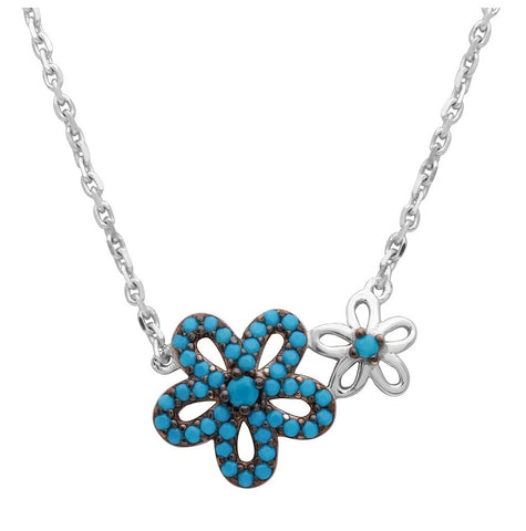 .925 Sterling Silver Rhodium Plated Double Flower Necklace With Turquoise Stones