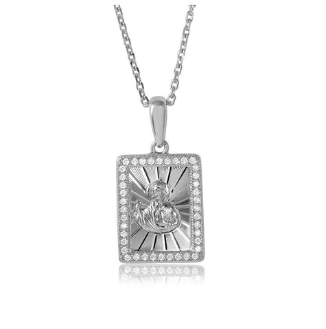 .925 Sterling Silver Rhodium Plated Rectangle Cz Jesus Medallion With Chain