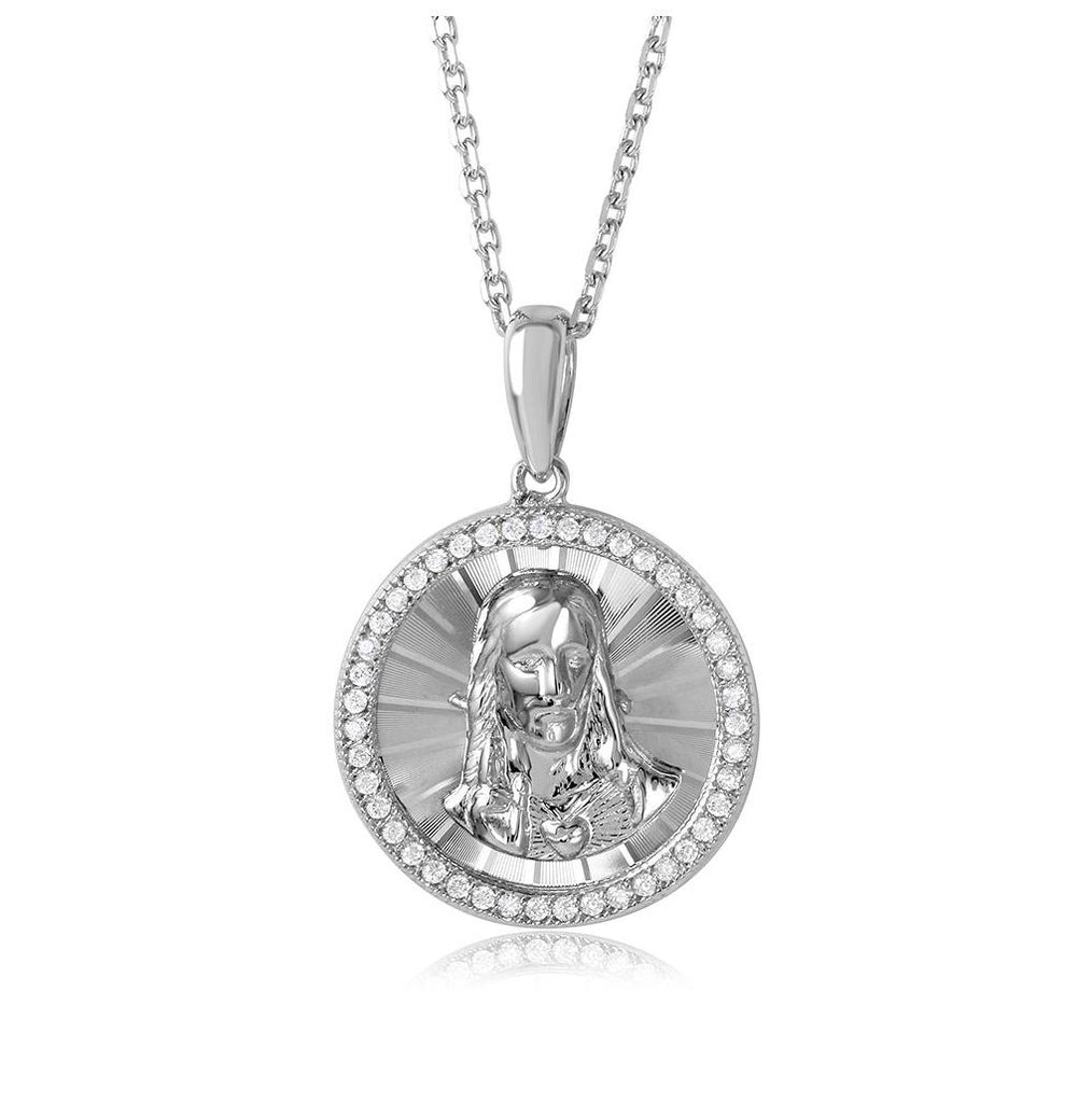 .925 Sterling Silver Rhodium Plated Diamond Cut Cz Jesus Medallion With Chain