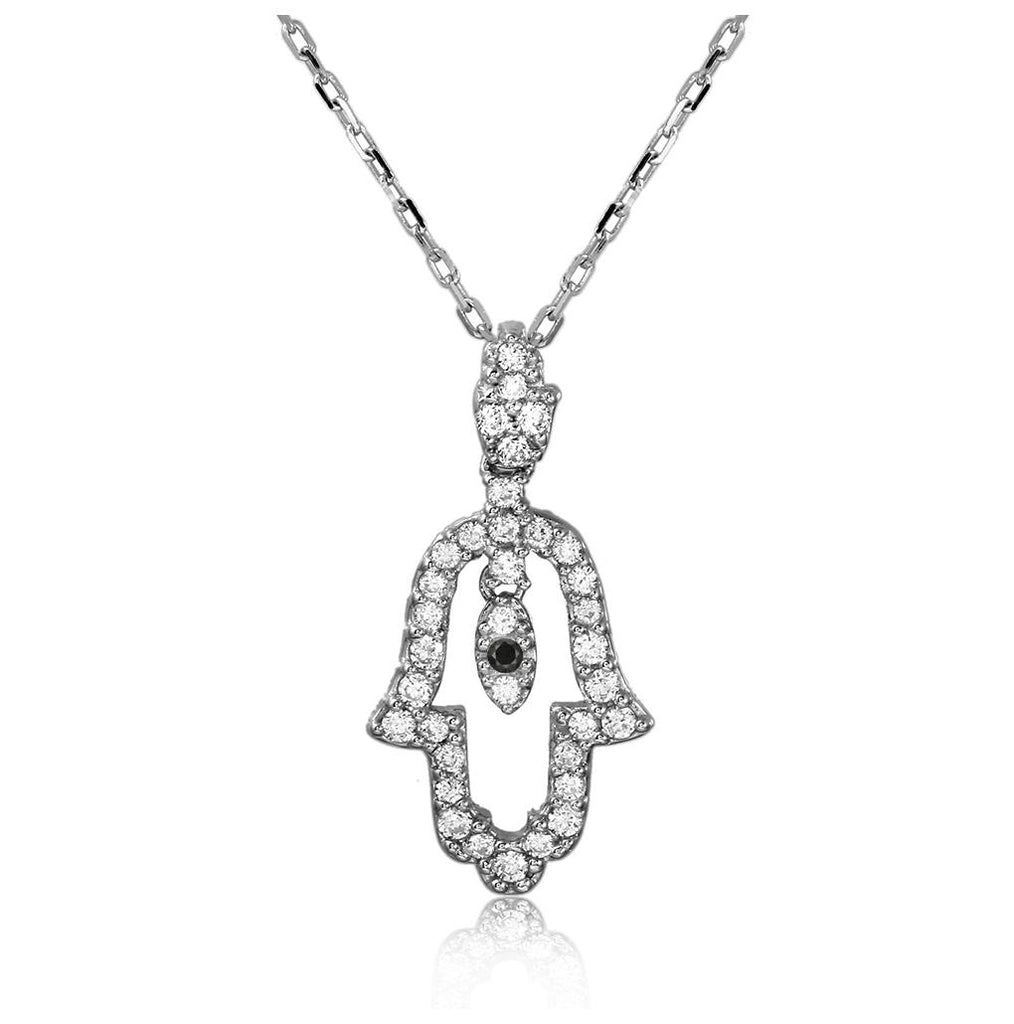 .925 Sterling Silver Rhodium Plated Open Hamsa Cz Necklace