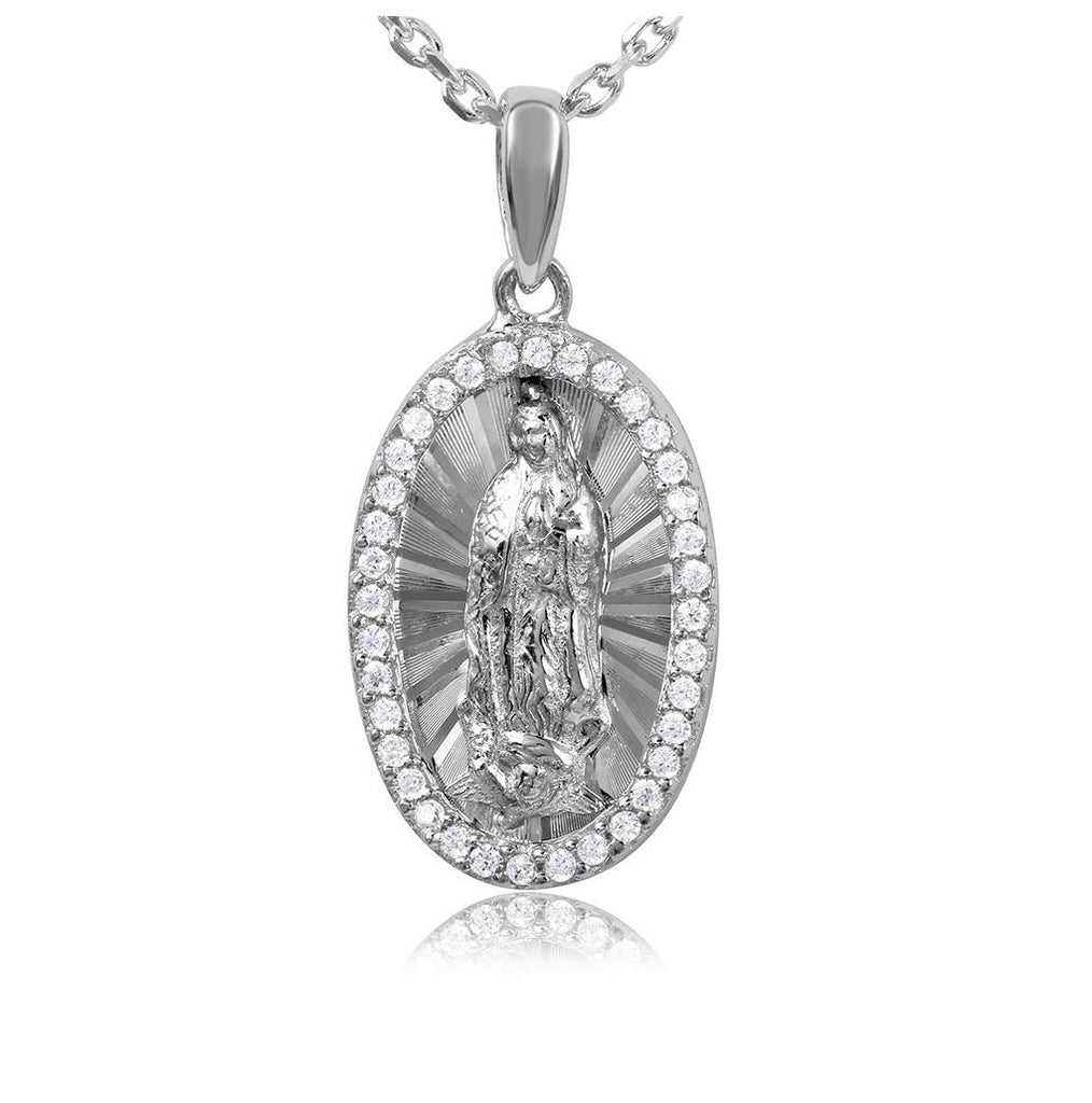 .925 Sterling Silver Rhodium Plated Oval Cz Frame Medallion With Chain