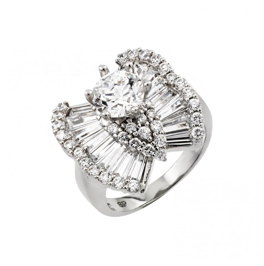 .925 Sterling Silver Rhodium Plated Clear Baguette Round Pave Set Cz Butterfly Ring, <b>size: 5</b>