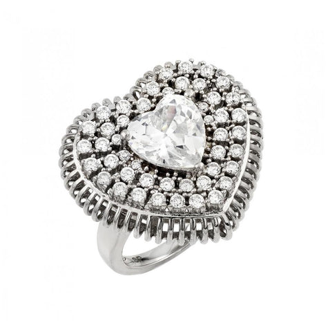 .925 Sterling Silver Rhodium Plated Heart Micro Pave Cluster Ring, <b>size: 5</b>