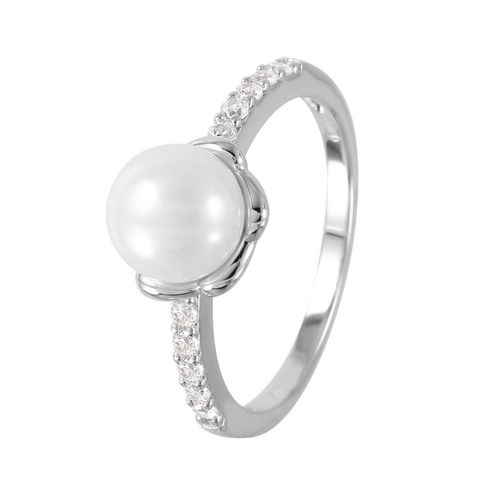 .925 Sterling Silver Rhodium Plated Faux Pearl Cz Accent Ring, <b>size: 5</b>