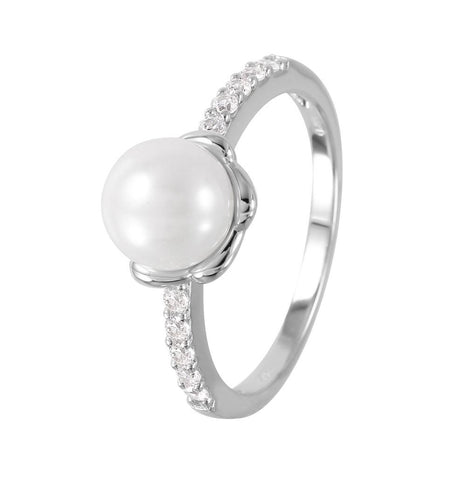 .925 Sterling Silver Rhodium Plated Faux Pearl Cz Accent Ring, <b>size: 5</b>