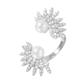 .925 Sterling Silver Rhodium Plated Synthetic Pearl Burst Open Cz Ring, <b>size: 6</b>