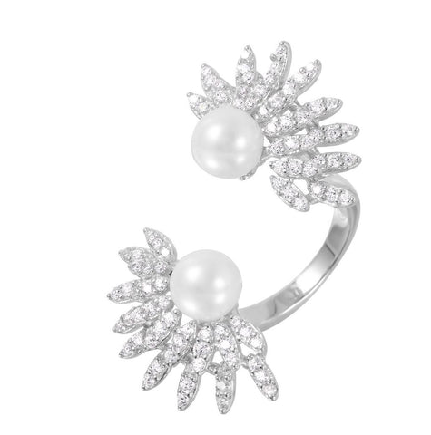 .925 Sterling Silver Rhodium Plated Synthetic Pearl Burst Open Cz Ring, <b>size: 6</b>