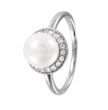 .925 Sterling Silver Rhodium Plated Round Band With Synthetic Pearl Cz Halo Ring, <b>size: 5</b>