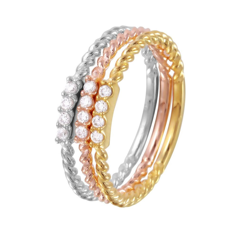 .925 Sterling Silver Rhodium Plated Tri-color Textured Stackable  Cz Inlay Ring, <b>size: 5</b>